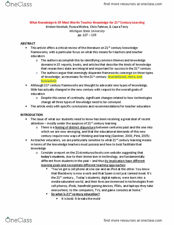 EDUC 30 Chapter Notes - Chapter Kristen Kereluik, Punya Mishra, Chris Fahnoe, & Laura Terry: Common Core State Standards Initiative, Educational Testing Service, Knowledge Economy thumbnail